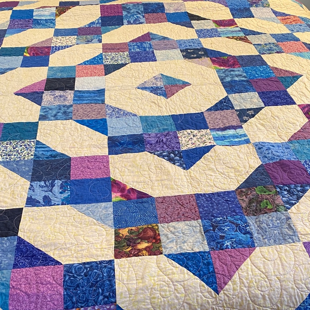Patchwork Quilt with Blue and Purple Accents - Full